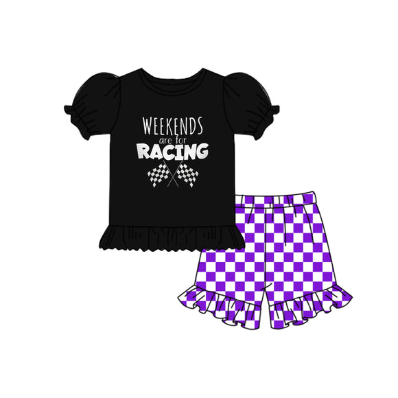 custom style  MOQ 3 weekends purple checkerboard girls outfits