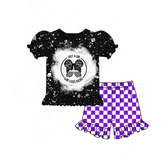 custom style  MOQ 3 racing purple checkerboard girls outfits