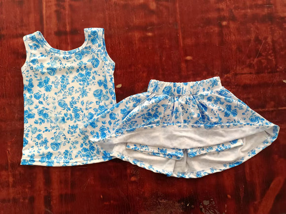 Sleeveless blue flower top skirt girls summer clothes