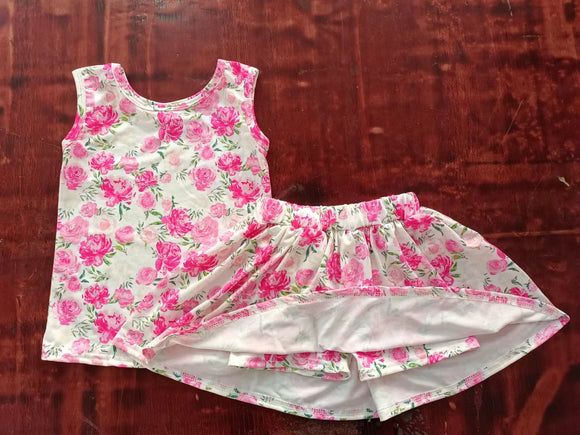 Sleeveless pink flower top skirt girls summer clothes  swimsuit