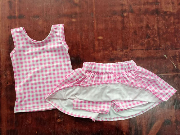 Sleeveless pink plaid top skirt girls summer clothes