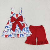 GSSO1952 girls 4th of July  red bow cotton shorts outfits
