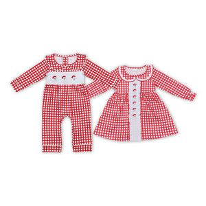 Christmas red Santa plaid embroidery  kids clothing