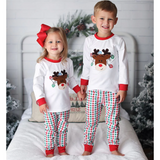 Christmas embroidered lights and deer white boys and girls pajamas