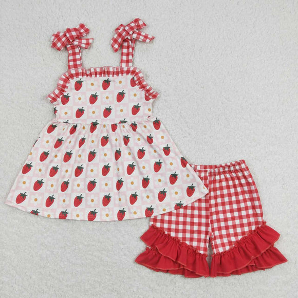 GSSO0588---Floral strawberry plaid tunic ruffle shorts girls clothes