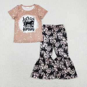 GSPO1277--- horse brown short sleeve girls outfits