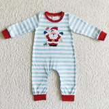 Matching Baby girls boys Christmas Santa blue stripe romper outfits long sleeves embroidery