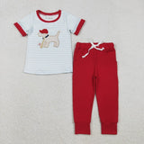 Matching Baby boys puppy baseball blue stripe romper outfits short sleeves embroidery