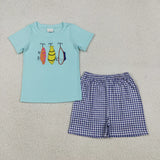 Matching Baby girls boys fish checkered romper outfits embroidery