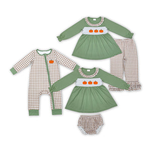 Halloween embroidery pumpkin green plaid kids clothing