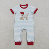 Matching Baby boys puppy baseball blue stripe romper outfits short sleeves embroidery