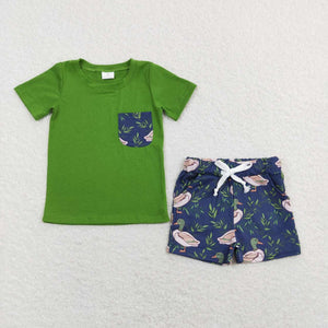 BSSO0480--duck green short sleeve shirt and shorts boy outfits