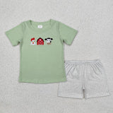 Matching Baby girls boys Chicken farm Red house Cow green clothing embroidery