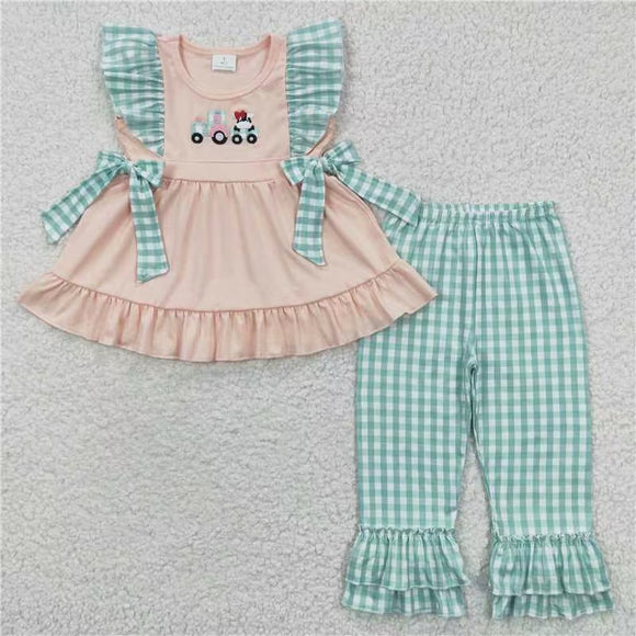 embroidery cow pink top and green plaid pants girls outfits