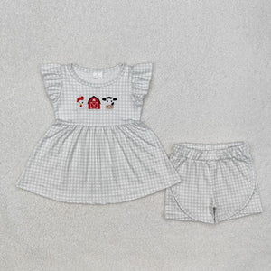 Matching Baby girls boys Chicken farm Red house Cow green clothing embroidery