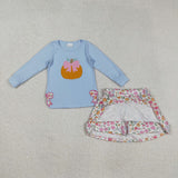 GLD1172 girls pumpkin bow blue long sleeve flower skirt outfits