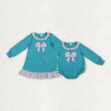Matching Baby girls flower bow blue romper dress embroidery