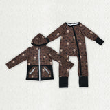 Matching Baby boys brown zipper romper top long sleeves