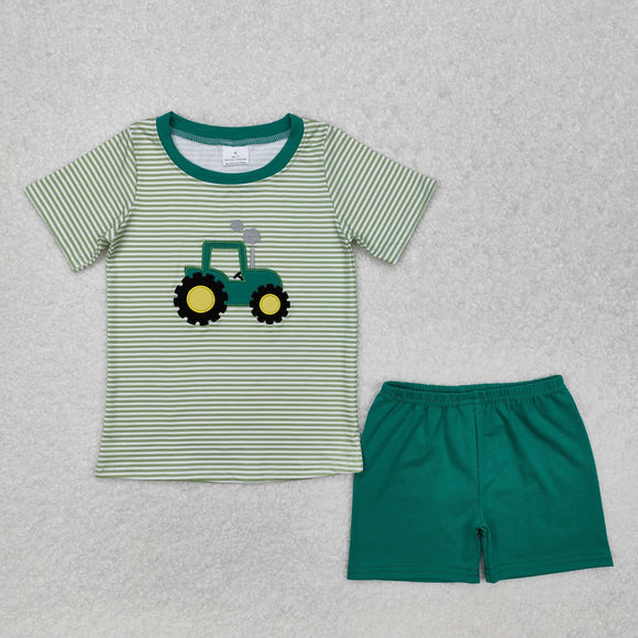 BSSO1184 Boys green stripe embroidered tractor shorts outfits