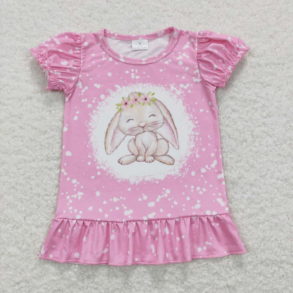 GT0466--Short sleeves pink bleached bunny floral girls easter shirt