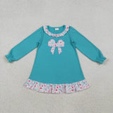 Matching Baby girls flower bow blue romper dress embroidery