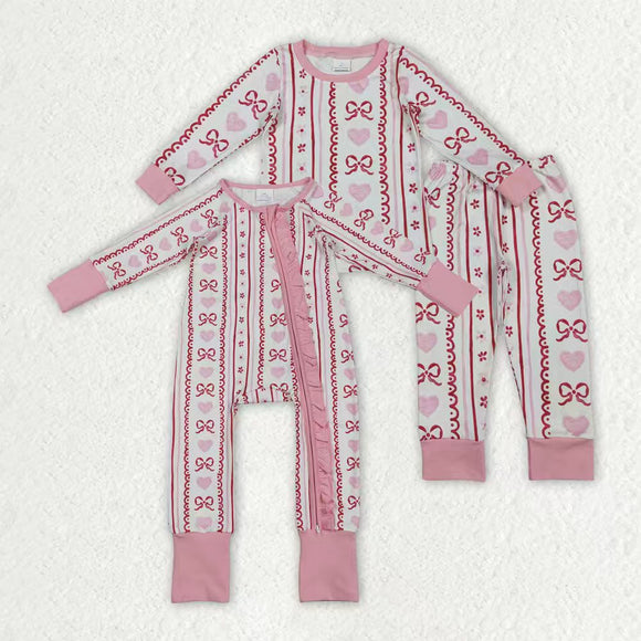Matching Baby girls love bow pink romper pajamas