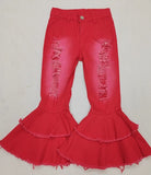 new style Red ripped denim bell bottoms