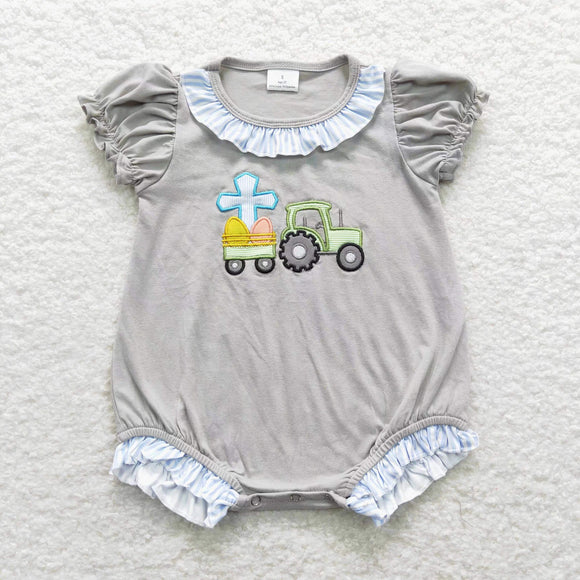 SR0491--short sleeve Easter  embroidery girls grey bubble
