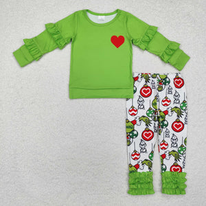 GLP2089 long sleeve Christmas cartoon green girls outfits