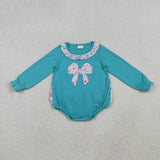 Matching Baby girls flower bow blue romper dress embroidery