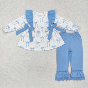 GLP2109  long sleeve blue bow girls outfits