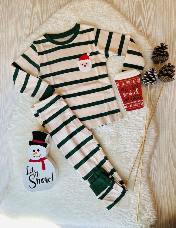 green stripe Christmas embroidered Santa boys pajamas
