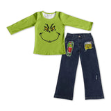 pre order BLP0225-- Christmas cartoon green top +  jeans outfits
