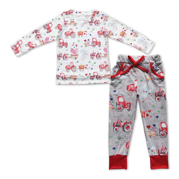 BLP0446---Valentine's Day tractor long sleeve tractor boy pajamas