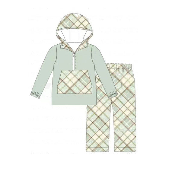 Pre-order BLP0629 long sleeve green plaid hoodie outfits