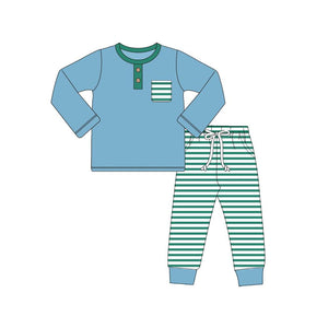 BLP0666--pre order long sleeve blue striped boy pajamas