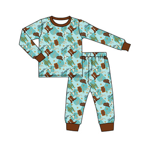 BLP0928 pre order long sleeve western boots brown boy pajamas