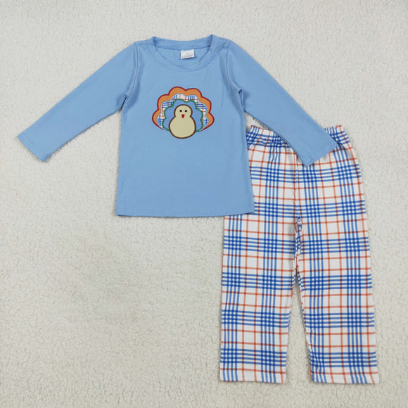 BLP1079 baby Boys blue embroidered turkey checkered outfits