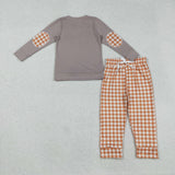 BLP1098 baby Boys Halloween pumpkin embroidered dog orange checkered outfits