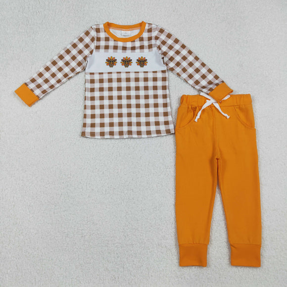 BLP1186  Thanksgiving embroidered turkey orange checkered Outfits