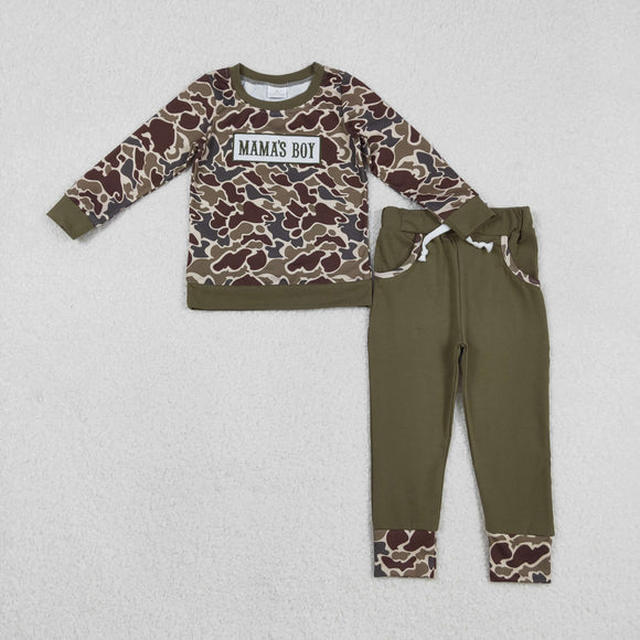 BLP1330  embroidered boys MAMA'S BOY camo long sleeve green pant  outfits