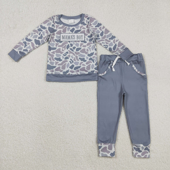 BLP1335 boys embroidered MAMA'S BOY camo long sleeves pant outfits