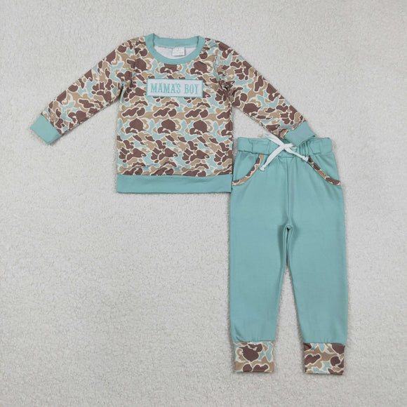 BLP1336 boys embroidered  MAMA'S BOY camo long sleeves pant outfits
