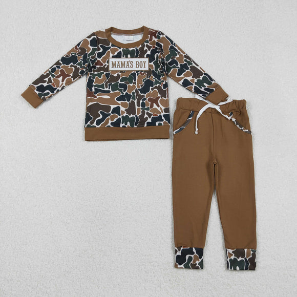 BLP1337 boys embroidered MAMA'S BOY brown camo long sleeves pant outfits