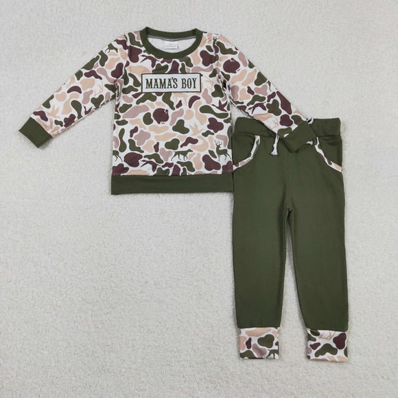 BLP1338 boys embroidered MAMA'S BOY brown camo long sleeves pant outfits