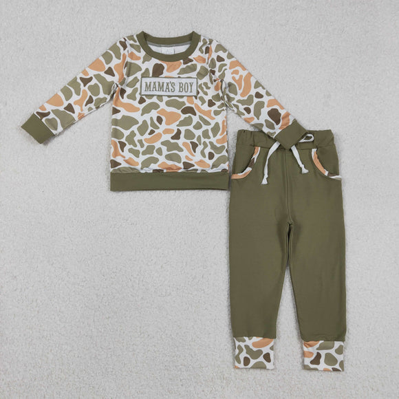 BLP1339 boys embroidered MAMA'S BOY brown camo long sleeves pant outfits