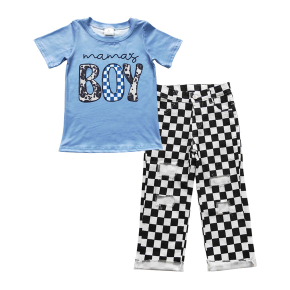 blue mamas boy top + Black checkerboard  jeans outfits