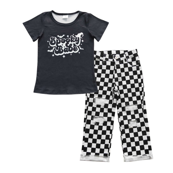 Halloween spooky babe boy top + Black checkerboard  jeans outfits
