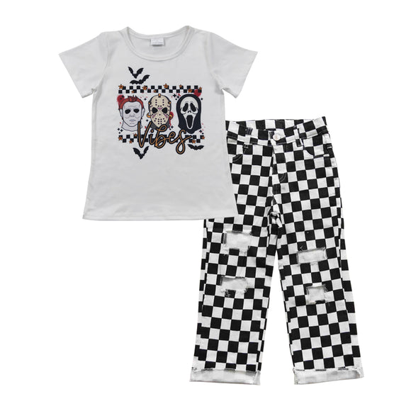 Halloween boy top + Black checkerboard  jeans outfits