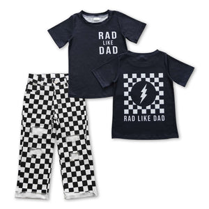 BSPO0178--BLACK RED LIKE DAD  top + Black checkerboard  jeans outfits
